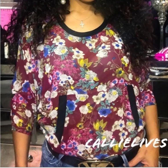 Women’s Chiffon Gardens floral kangaroo pocket see thru mesh burgundy raglan top - Picture 5 of 6